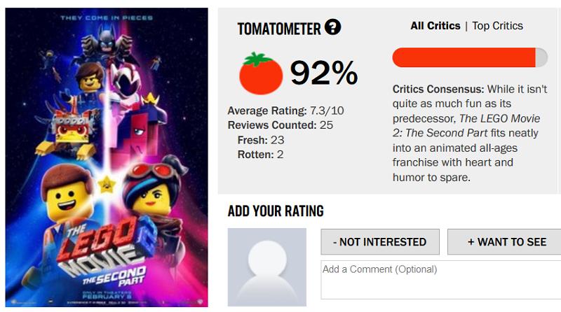 Rotten Tomatoes - The LEGO Movie 2 is Certified Fresh at
