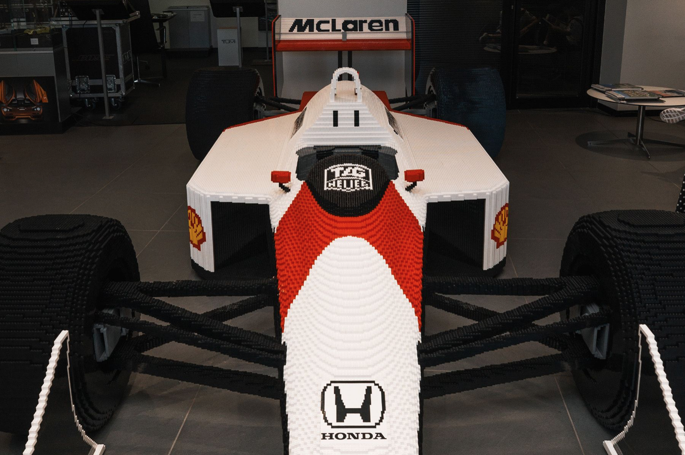 Lifesize LEGO McLaren MP4/4 racing to Leicester Square